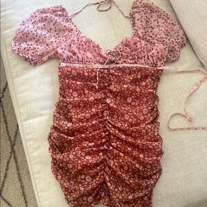 Feminine Free People Tessa Floral Pink and Red Ruched Dress